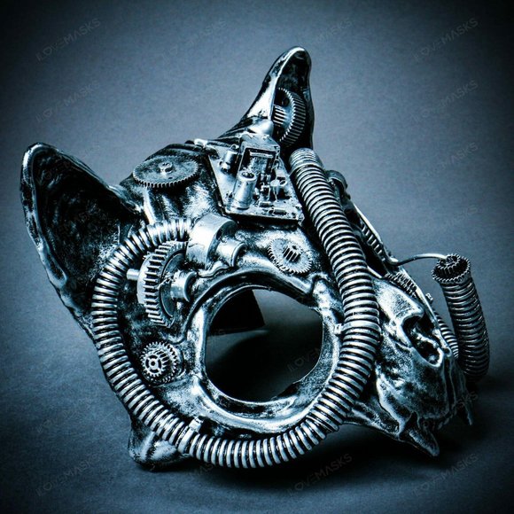 Silver Steampunk Vampire Skull Cat Face Party Mask - Picture 8 of 8